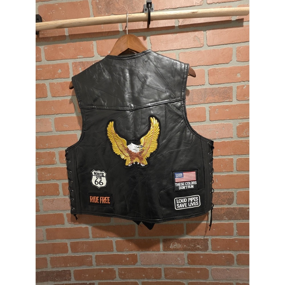 Diamond Plate Buffalo Leather Biker Motorcycle Vest Large  Patches.        Sku 3 - Picture 8 of 14